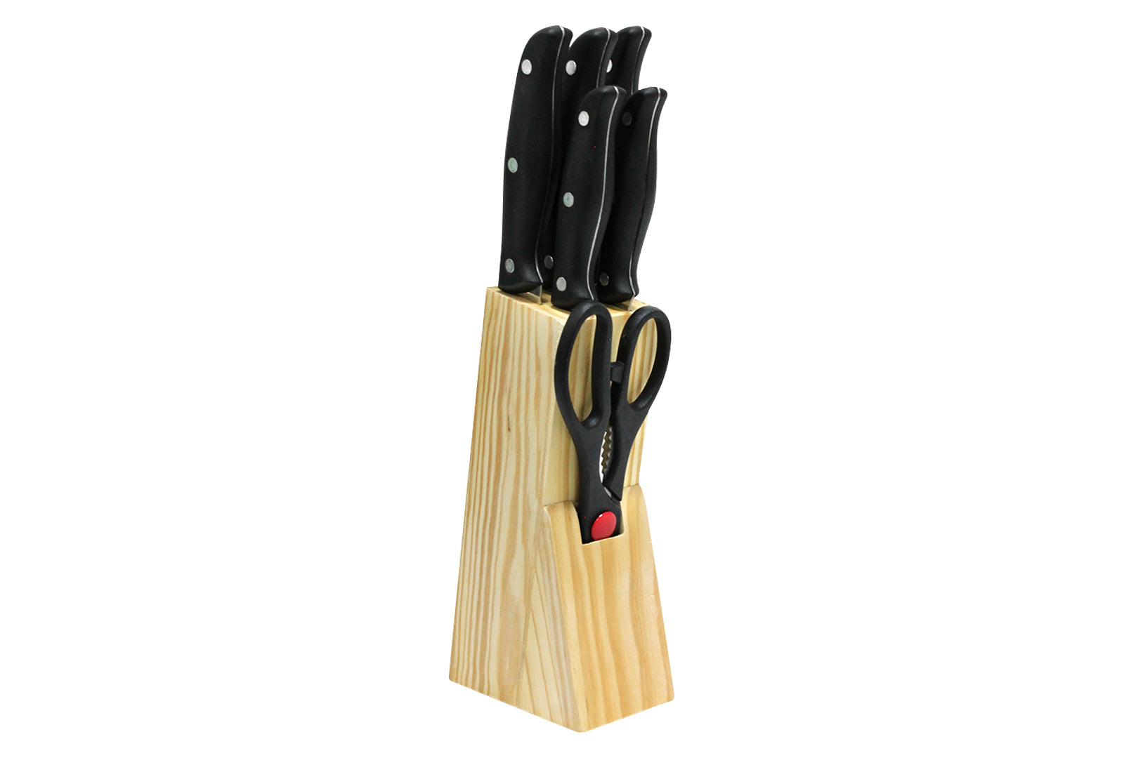 JUEGO DE 5 CUCHILLOS Y TIJERAS CON BASE DE MADERA SKU : 050-007-937