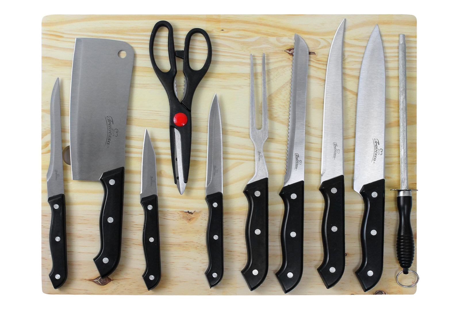 JUEGO DE CUCHILLOS 10 PIEZAS CON TABLA DE MADERA SKU : 050-011-936