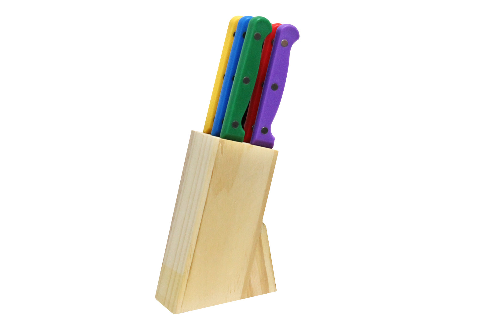 JUEGO DE 6 CUCHILLOS MEDIA HOJA COLOR CON BASE DE MADERA SKU : 050-006-939