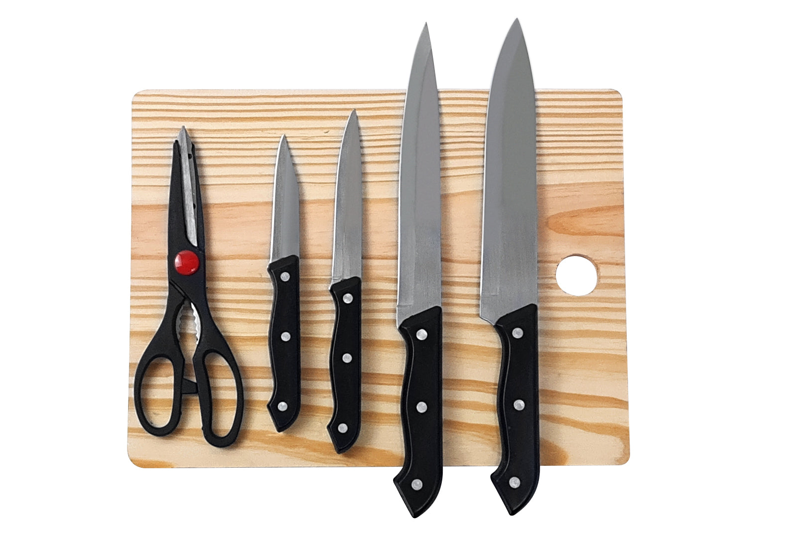 JUEGO DE CUCHILLOS 4 PIEZAS CON TIJERAS Y TABLA DE MADERA SKU : 050-005-938