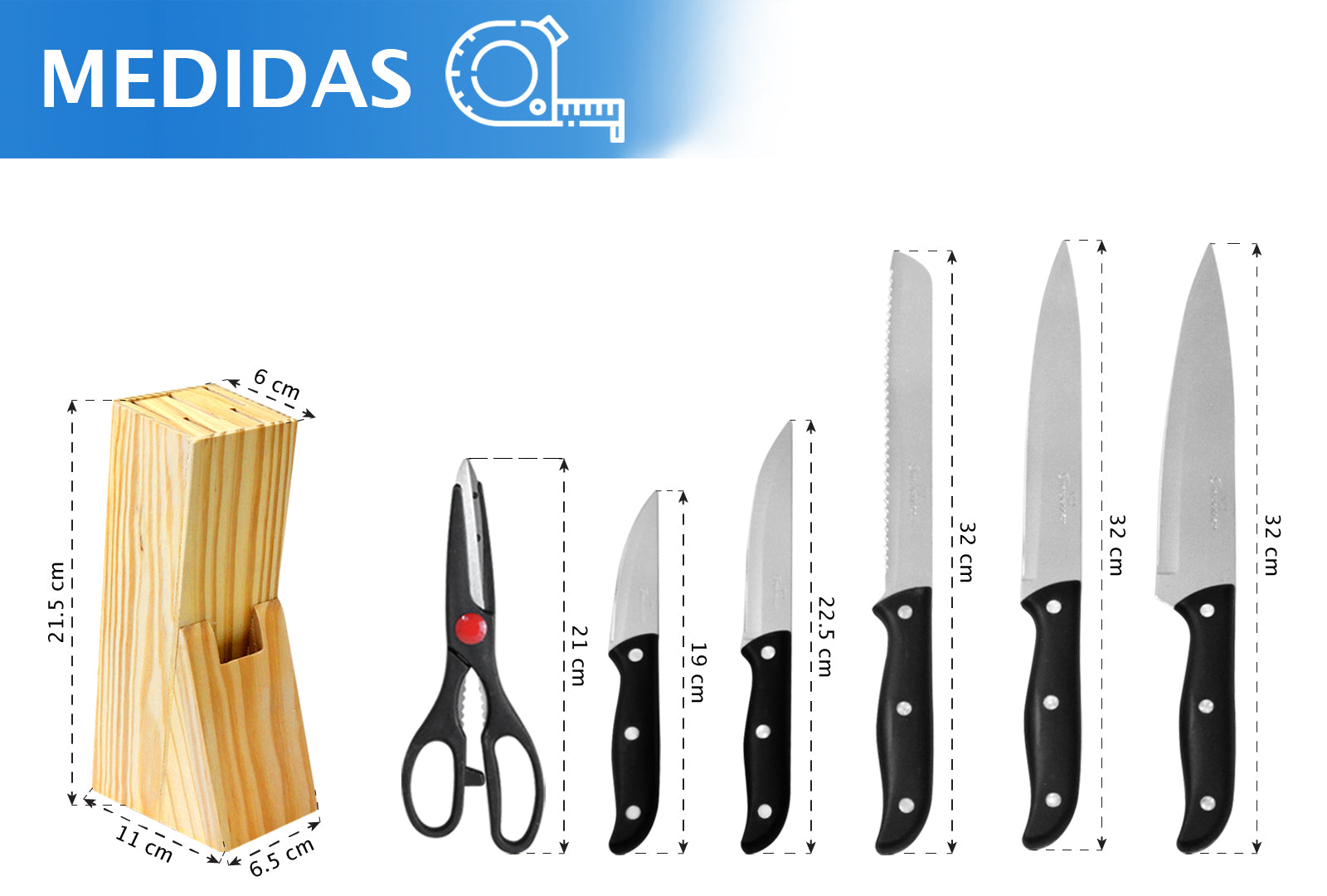 JUEGO DE 5 CUCHILLOS Y TIJERAS CON BASE DE MADERA SKU : 050-007-937