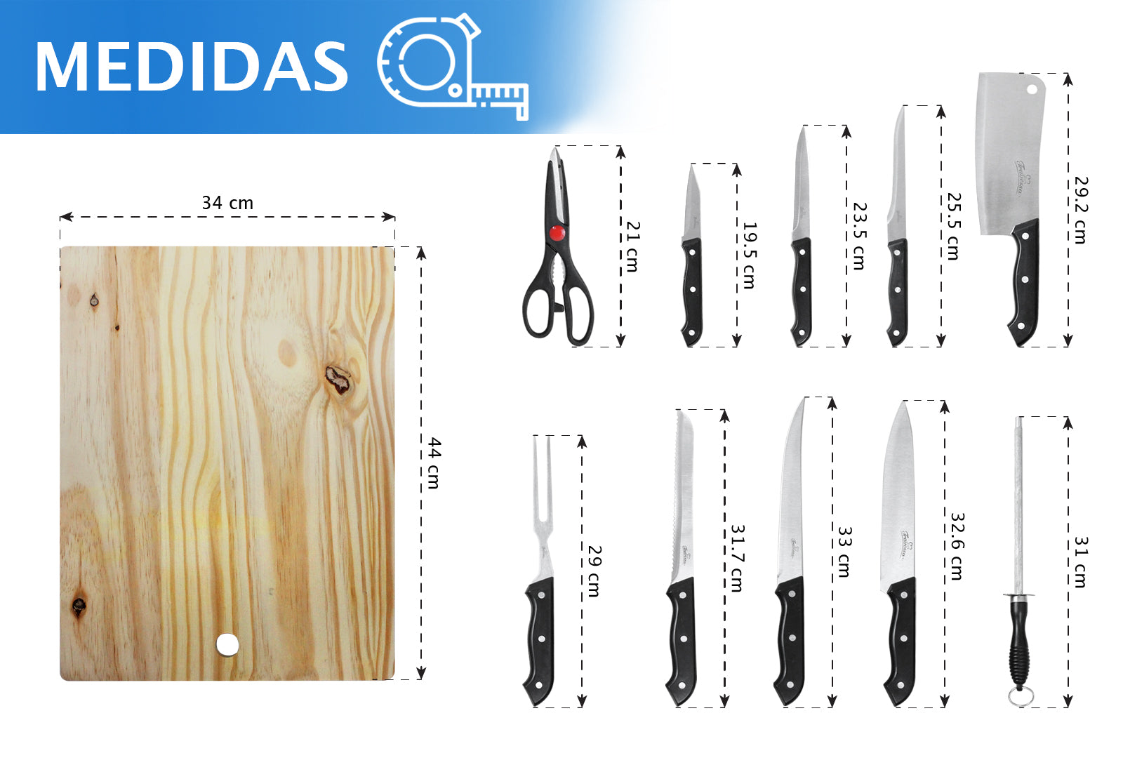JUEGO DE CUCHILLOS 10 PIEZAS CON TABLA DE MADERA SKU : 050-011-936