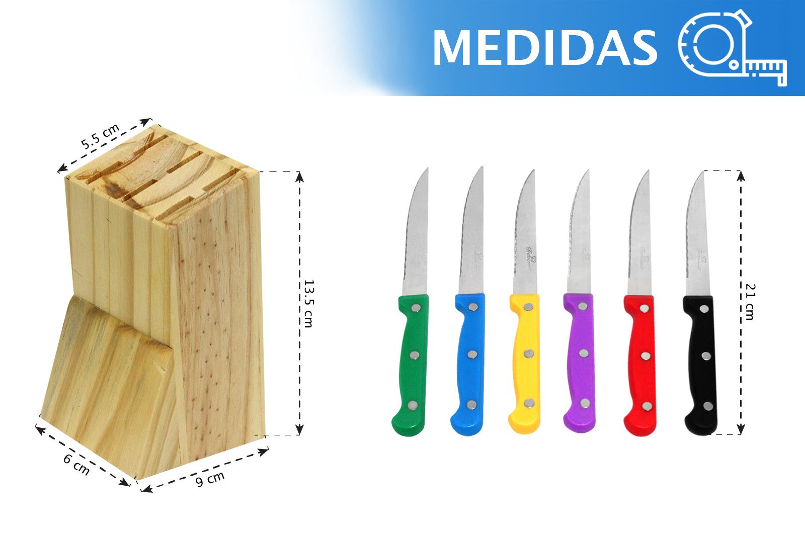 JUEGO DE 6 CUCHILLOS MEDIA HOJA COLOR CON BASE DE MADERA SKU : 050-006-939