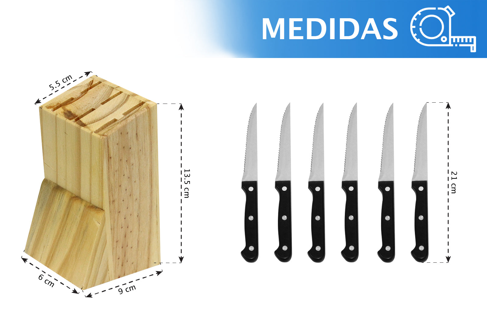 JUEGO DE 6 CUCHILLOS FILETEROS NEGRO HOJA COMPLETA/MADERA SKU : 050-006-940
