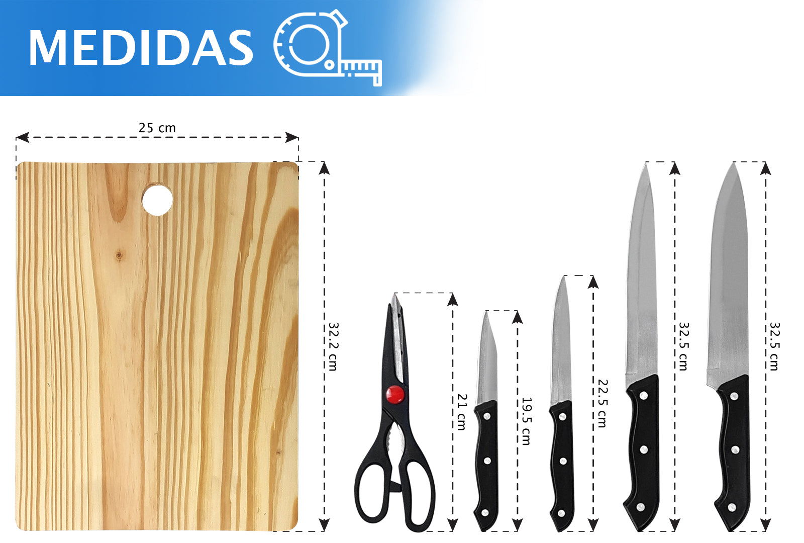 JUEGO DE CUCHILLOS 4 PIEZAS CON TIJERAS Y TABLA DE MADERA SKU : 050-005-938