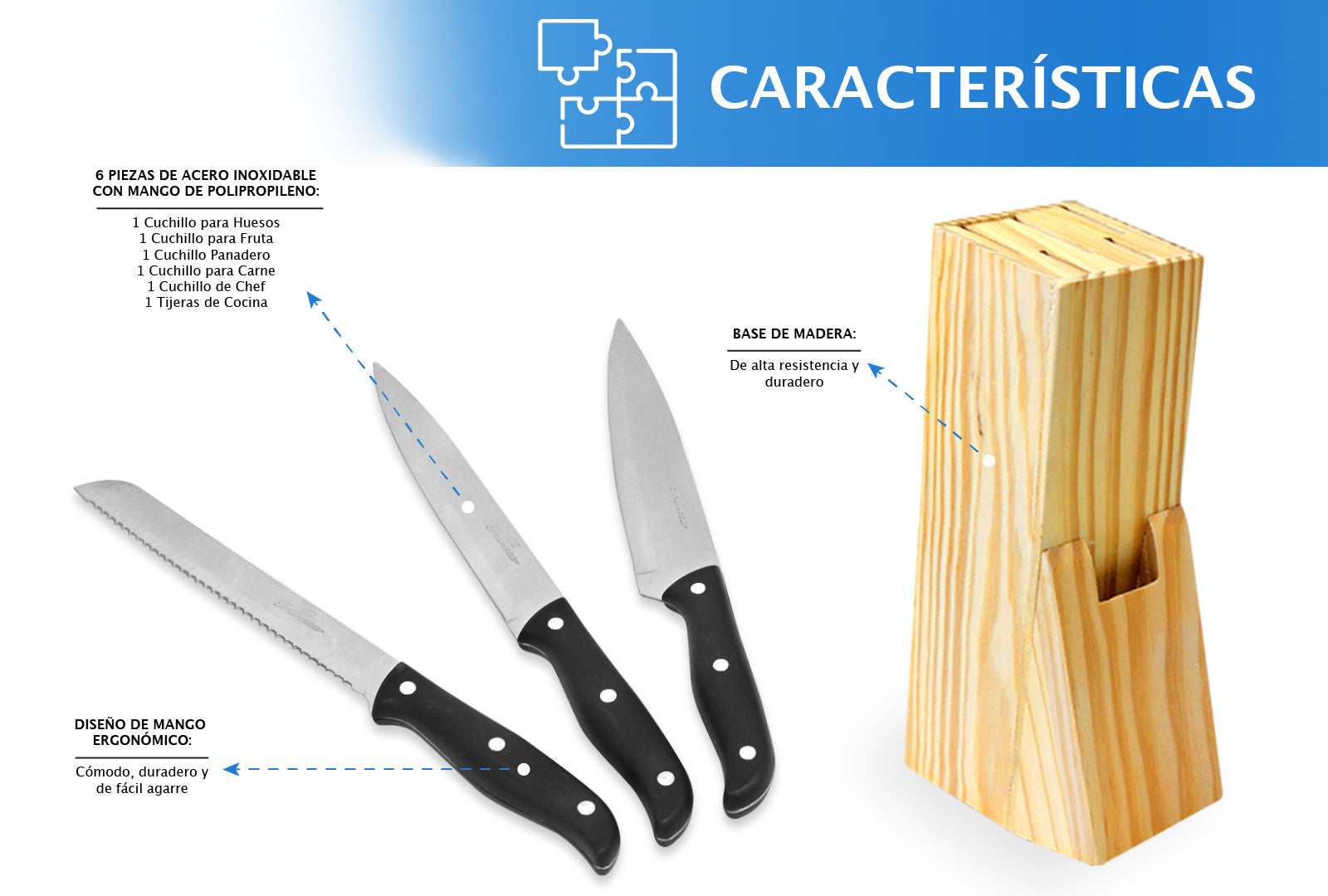 JUEGO DE 5 CUCHILLOS Y TIJERAS CON BASE DE MADERA SKU : 050-007-937