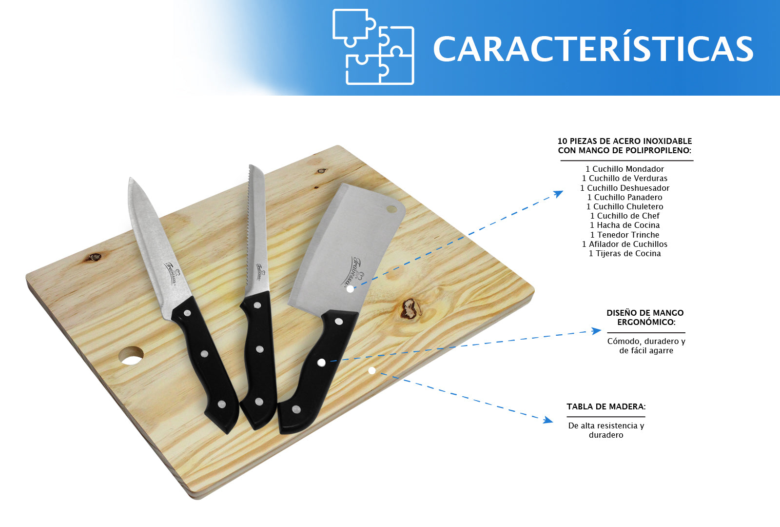 JUEGO DE CUCHILLOS 10 PIEZAS CON TABLA DE MADERA SKU : 050-011-936