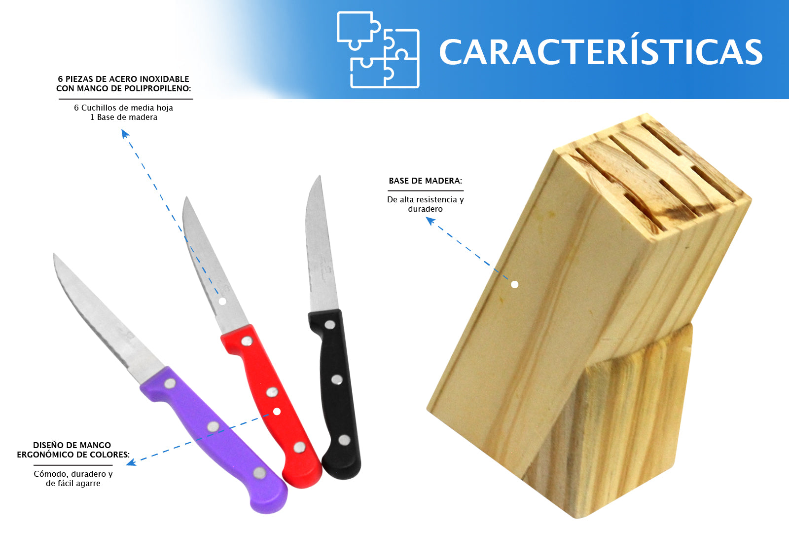 JUEGO DE 6 CUCHILLOS MEDIA HOJA COLOR CON BASE DE MADERA SKU : 050-006-939