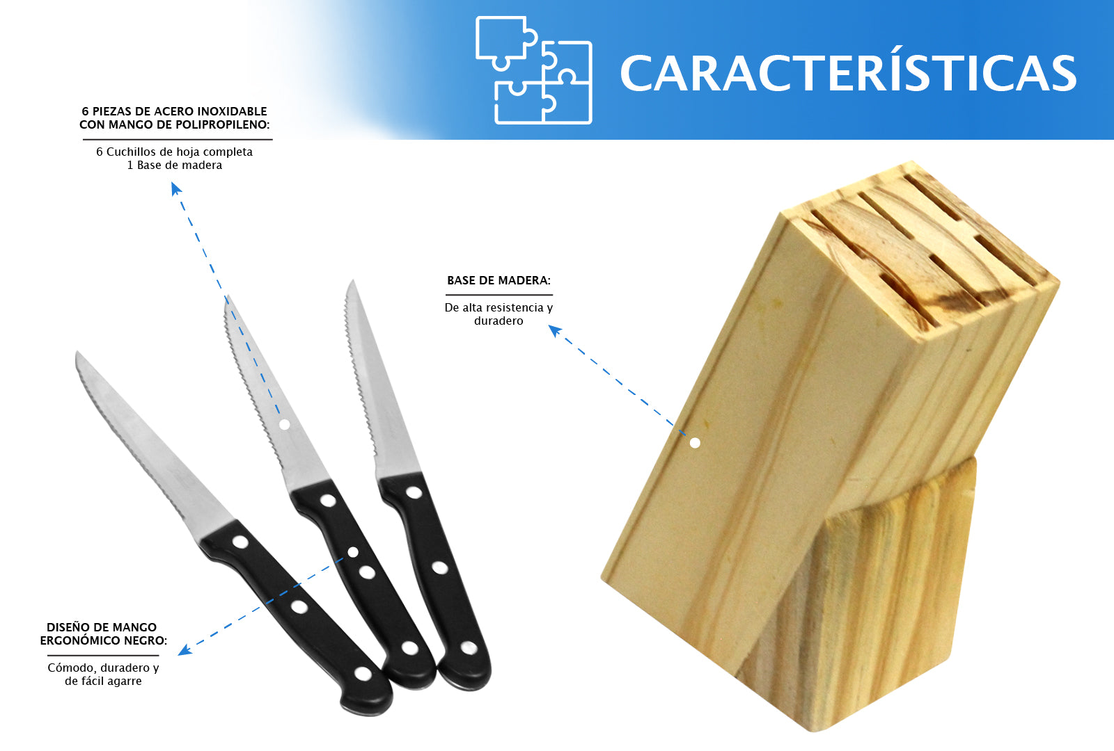 JUEGO DE 6 CUCHILLOS FILETEROS NEGRO HOJA COMPLETA/MADERA SKU : 050-006-940