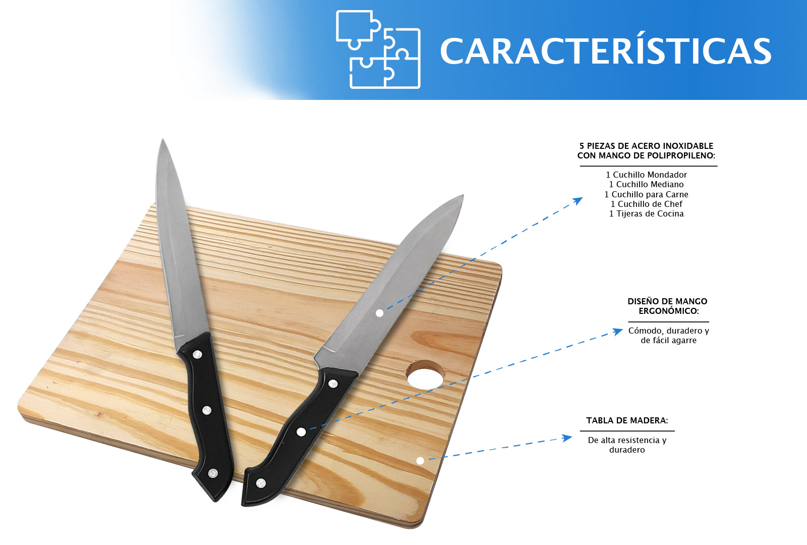 JUEGO DE CUCHILLOS 4 PIEZAS CON TIJERAS Y TABLA DE MADERA SKU : 050-005-938