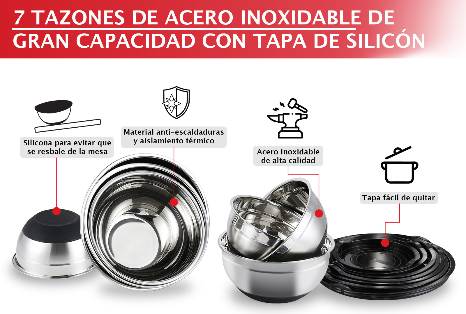 SETX7 BOWLS DE ACERO INOX. CON TAPA DE SILICÓN SKU : 146-007-903