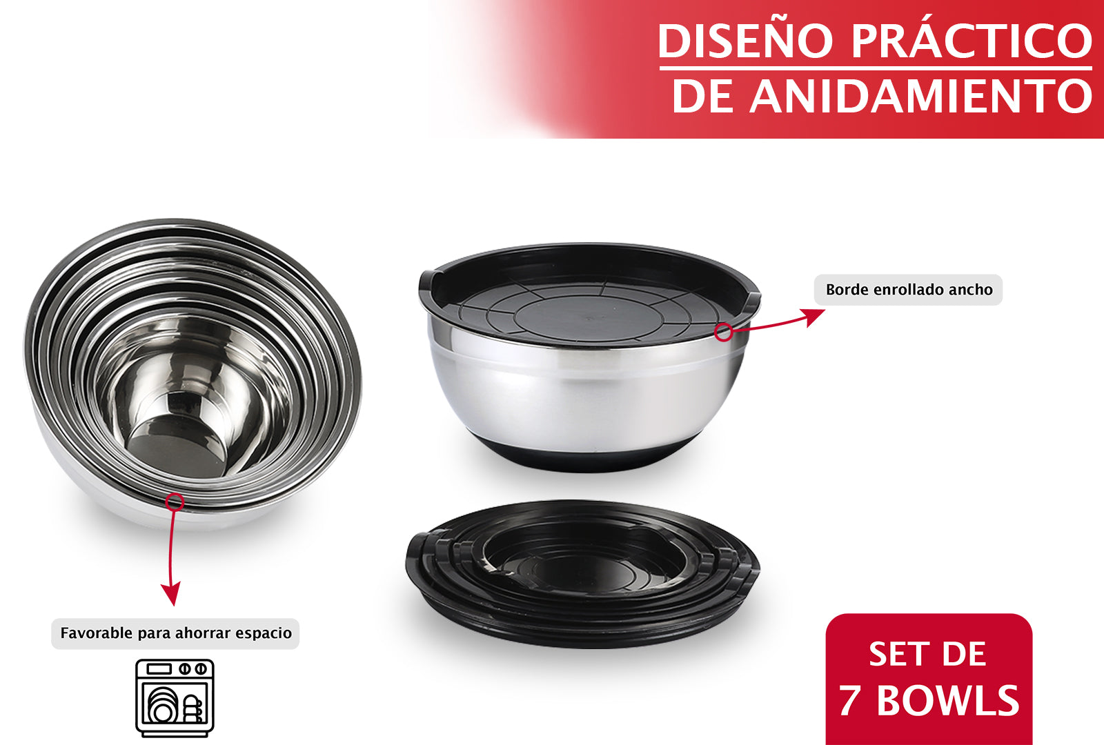 SETX7 BOWLS DE ACERO INOX. CON TAPA DE SILICÓN        SKU : 146-007-903